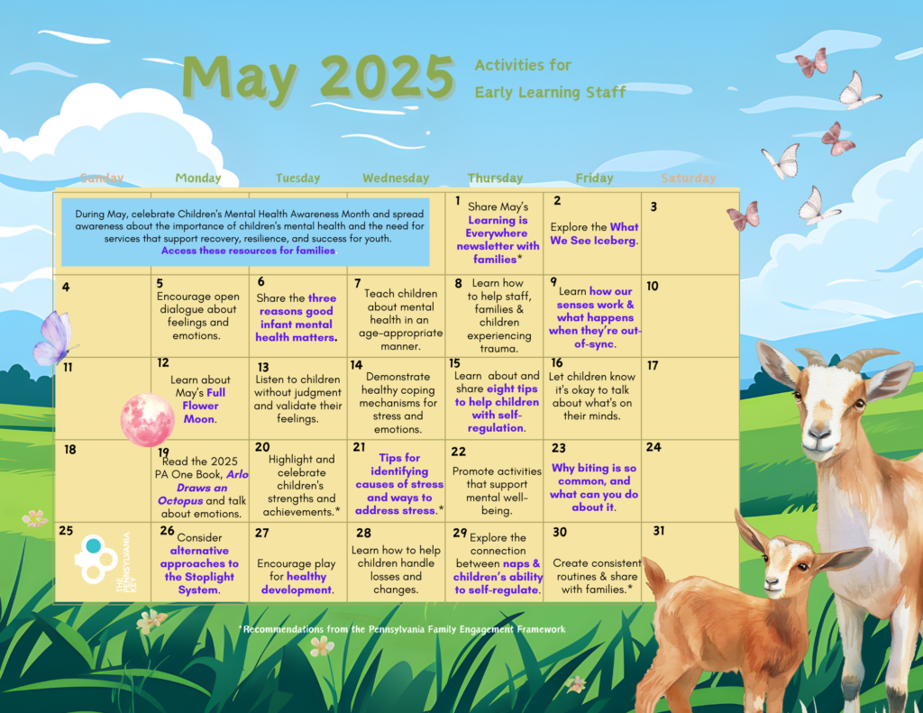 May calendar for ECE providers nature background with goats