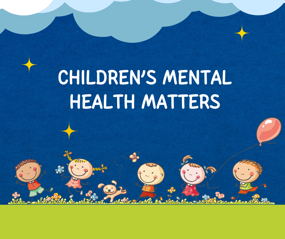 Children's Mental Health Awareness Month; cartoon children playing outside