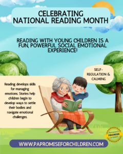Reading with young children is a fun, powerful social-emotional experience! Self-regulation & calming. Reading develops skills for managing emotions. Stories help children begin to develop ways to settle their bodies and navigate emotional challenges.